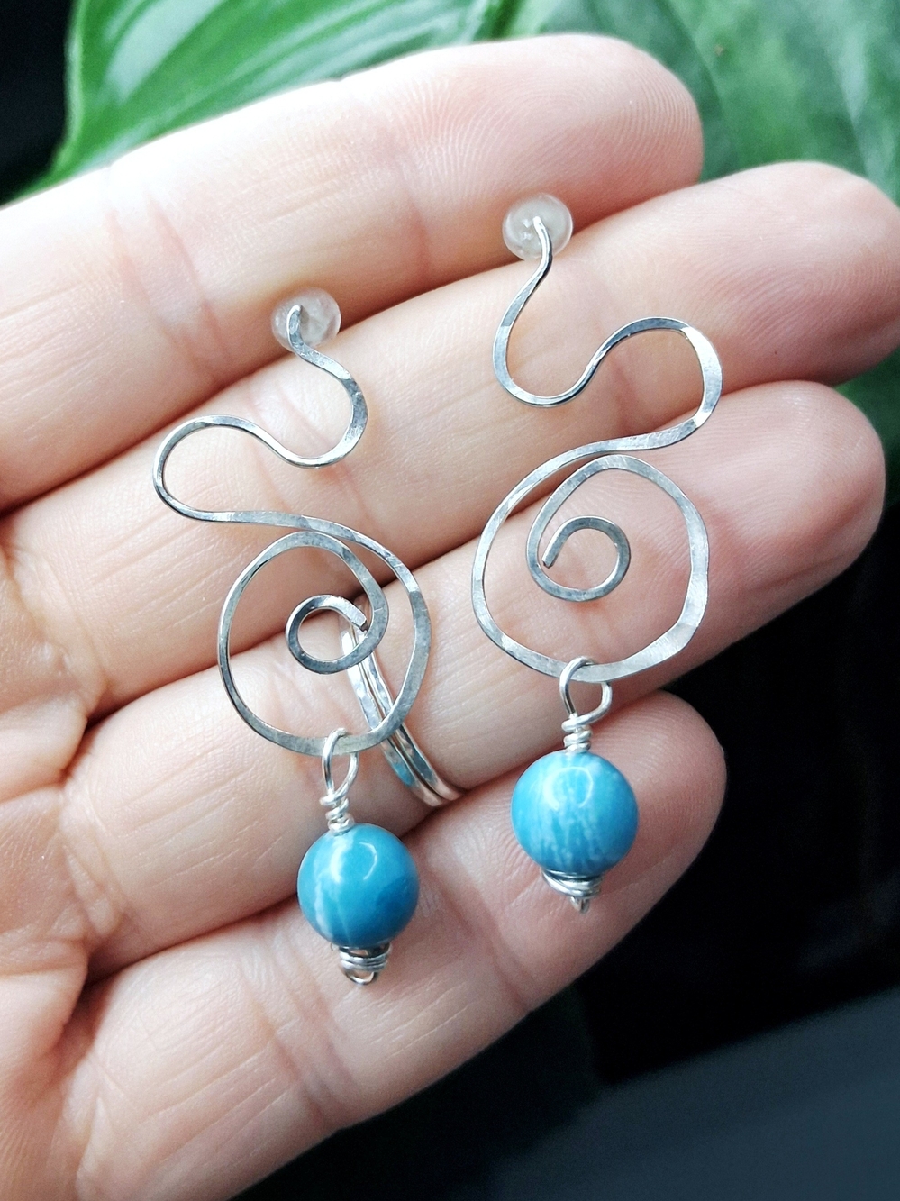 Larimar Hammered Serpent Silver Swirl Stud Earrings